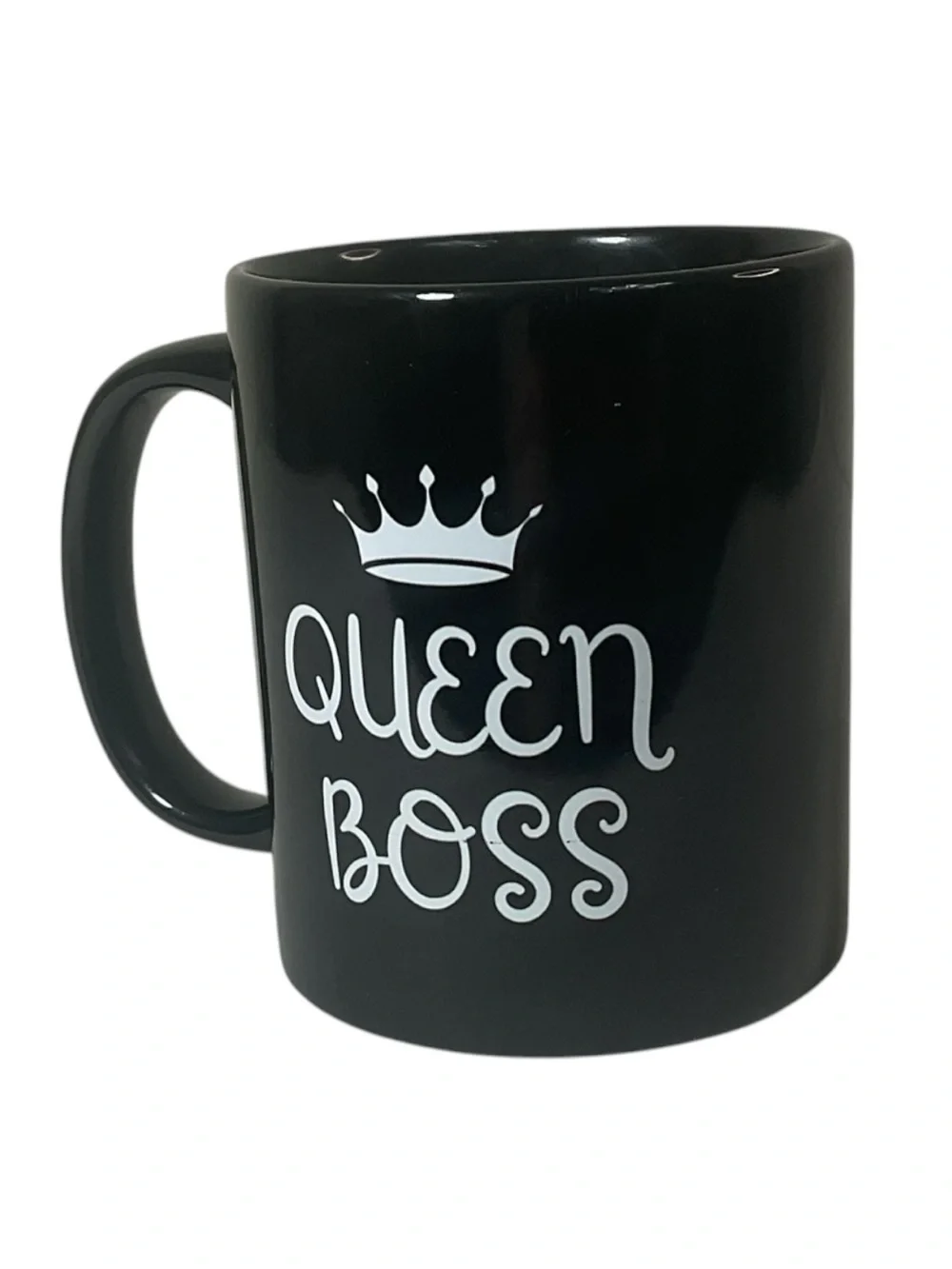 Queen Boss Black Ceramic Coffee Mug White Crown Script 11 oz Novelty Gift Cup